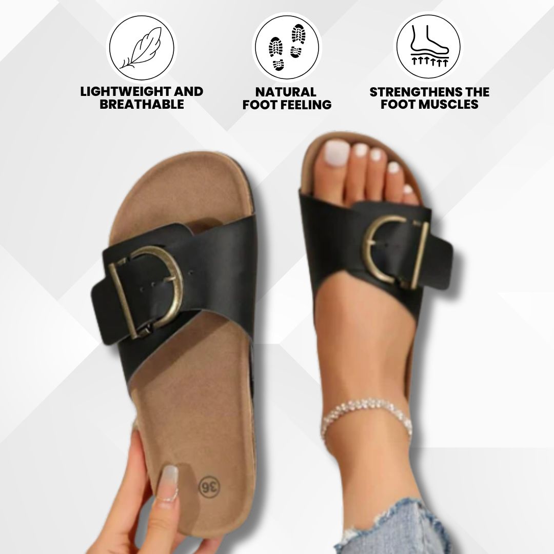 OrthoMia - Pain-relieving cork sandals with buckle belt design for women
